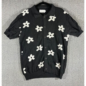 OxKnit Men's 60s Mod Black White Floral Knit Polo Style Cardigan / Medium